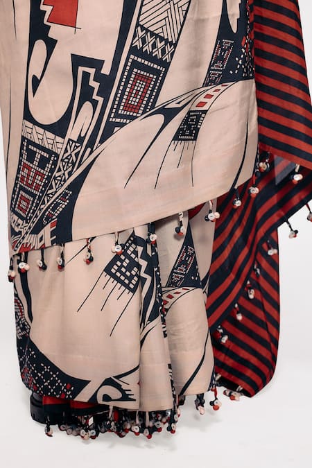 Shop_Kritika Murarka_Rust Silk Mata Ortiz And Striped Half-&-half Saree _Online_at_Aza_Fashions