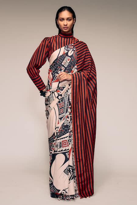 Kritika Murarka_Rust Silk Mata Ortiz And Striped Half-&-half Saree _at_Aza_Fashions