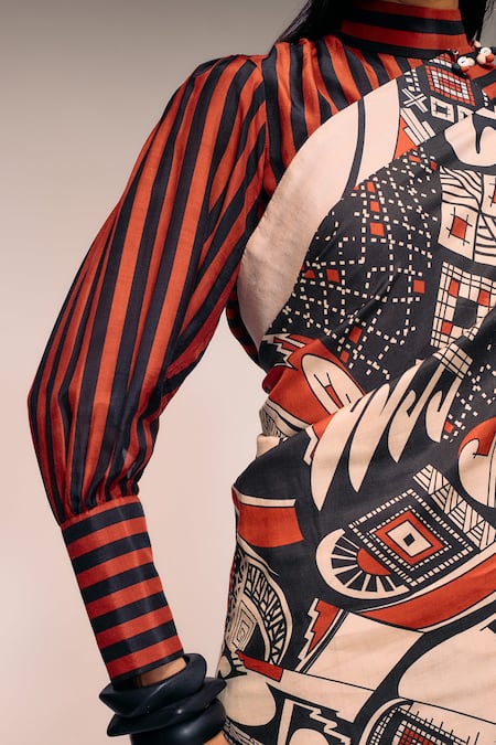 Buy_Kritika Murarka_Rust Silk Mata Ortiz And Striped Half-&-half Saree 