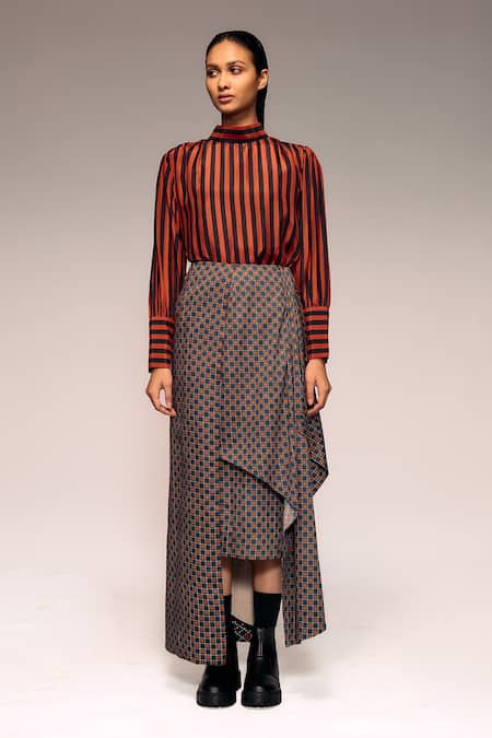 Kritika Murarka_Rust Viscose, Silk High Neck Striped Blouse _Online_at_Aza_Fashions