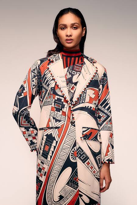 Kritika Murarka_Rust Cotton Embroidery Mata Ortiz Print Kantha Overcoat _Online_at_Aza_Fashions