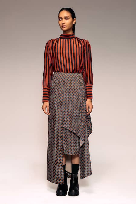 Kritika Murarka_Rust Cotton Check Draped Asymmetric Midi Skirt _Online_at_Aza_Fashions