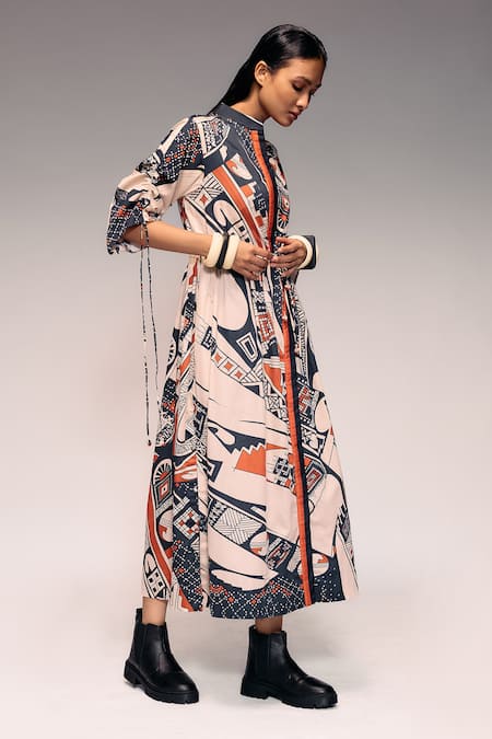 Kritika Murarka_Rust Cotton Embroidery Mandarin Collar Tribal Print Drawstring Maxi Dress _Online_at_Aza_Fashions