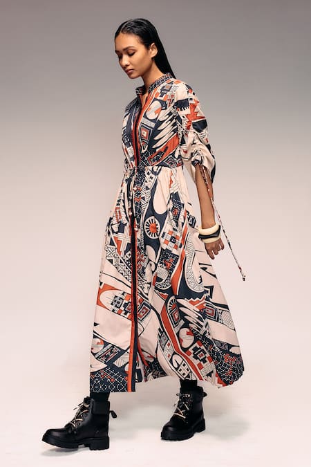 Buy_Kritika Murarka_Rust Cotton Embroidery Mandarin Collar Tribal Print Drawstring Maxi Dress _Online_at_Aza_Fashions