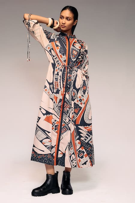 Shop_Kritika Murarka_Rust Cotton Embroidery Mandarin Collar Tribal Print Drawstring Maxi Dress _Online_at_Aza_Fashions