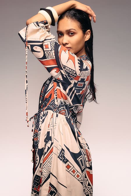 Kritika Murarka_Rust Cotton Embroidery Mandarin Collar Tribal Print Drawstring Maxi Dress _at_Aza_Fashions