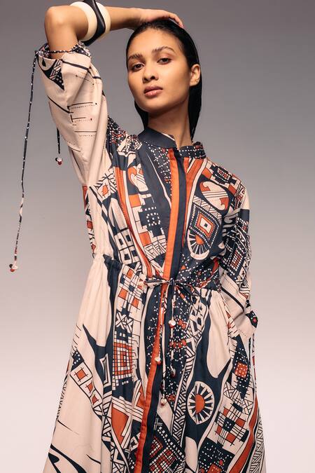Buy_Kritika Murarka_Rust Cotton Embroidery Mandarin Collar Tribal Print Drawstring Maxi Dress 