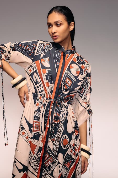 Shop_Kritika Murarka_Rust Cotton Embroidery Mandarin Collar Tribal Print Drawstring Maxi Dress 