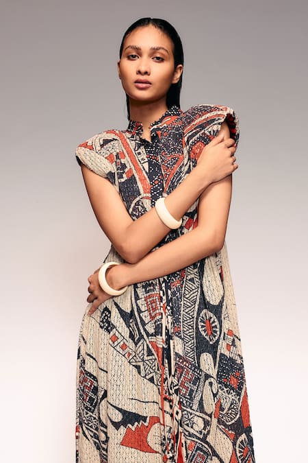 Kritika Murarka_Orange Cotton, Net Collared, Mata Ortiz Hand Print Drawstring Midi Dress _Online_at_Aza_Fashions