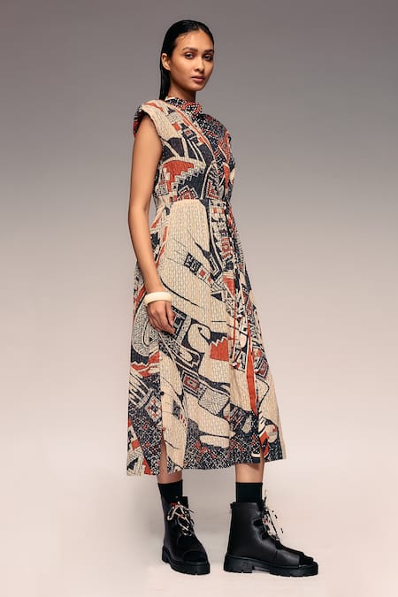 Buy_Kritika Murarka_Orange Cotton, Net Collared, Mata Ortiz Hand Print Drawstring Midi Dress _Online_at_Aza_Fashions