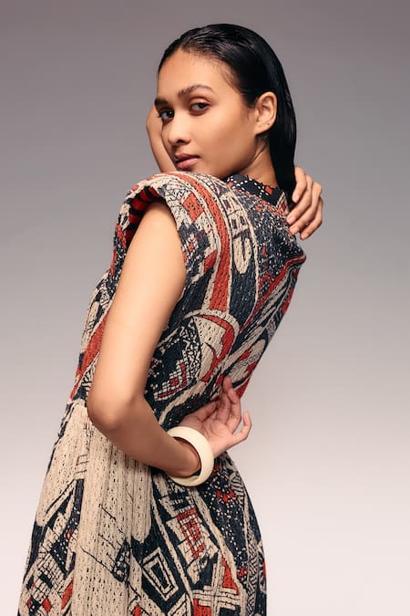 Shop_Kritika Murarka_Orange Cotton, Net Collared, Mata Ortiz Hand Print Drawstring Midi Dress _Online_at_Aza_Fashions