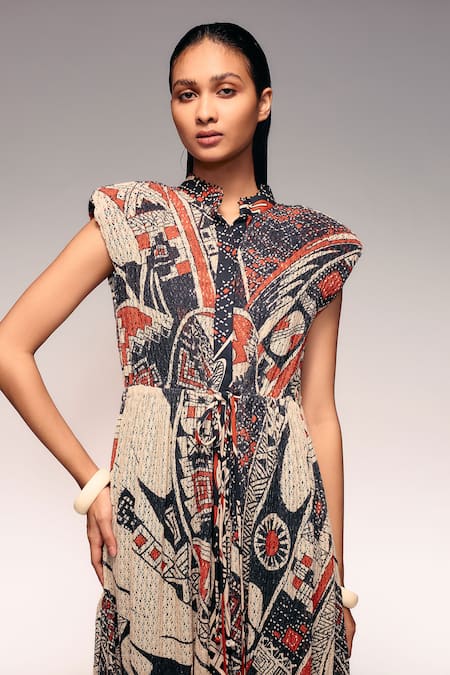 Kritika Murarka_Orange Cotton, Net Collared, Mata Ortiz Hand Print Drawstring Midi Dress _at_Aza_Fashions