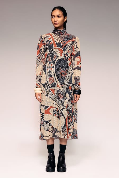 Buy_Kritika Murarka_Rust Cotton, Net High Neck Mata Ortiz Pottery Motif Print Midi Dress _Online_at_Aza_Fashions