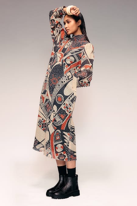 Shop_Kritika Murarka_Rust Cotton, Net High Neck Mata Ortiz Pottery Motif Print Midi Dress _Online_at_Aza_Fashions