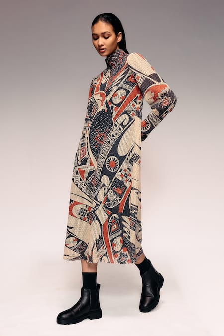 Kritika Murarka_Rust Cotton, Net High Neck Mata Ortiz Pottery Motif Print Midi Dress _at_Aza_Fashions