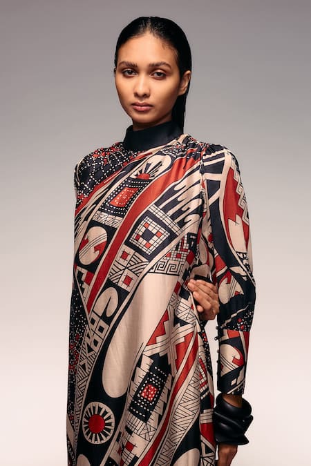 Kritika Murarka_Rust Silk High Neck Printed Midi Dress _Online_at_Aza_Fashions