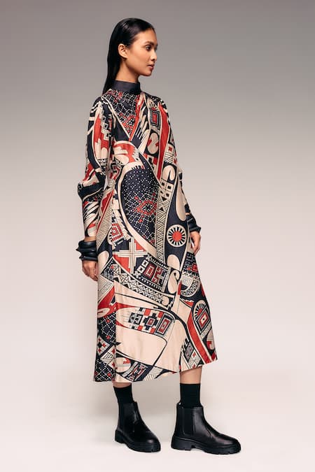 Buy_Kritika Murarka_Rust Silk High Neck Printed Midi Dress _Online_at_Aza_Fashions