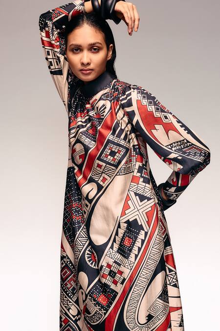 Shop_Kritika Murarka_Rust Silk High Neck Printed Midi Dress _Online_at_Aza_Fashions