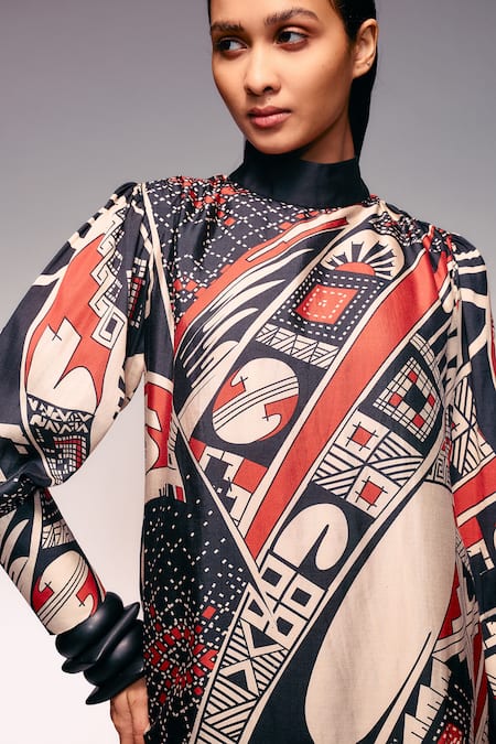 Kritika Murarka_Rust Silk High Neck Printed Midi Dress _at_Aza_Fashions