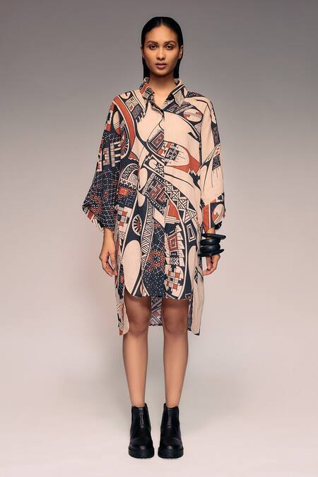 Kritika Murarka_Rust Cotton, Linen Collared Printed Button-down Shirt Dress _Online_at_Aza_Fashions