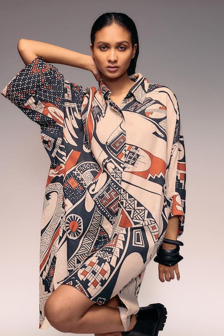 Shop_Kritika Murarka_Rust Cotton, Linen Collared Printed Button-down Shirt Dress _Online_at_Aza_Fashions