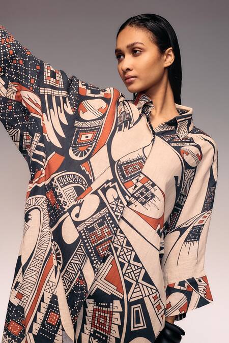 Kritika Murarka_Rust Cotton, Linen Collared Printed Button-down Shirt Dress _at_Aza_Fashions
