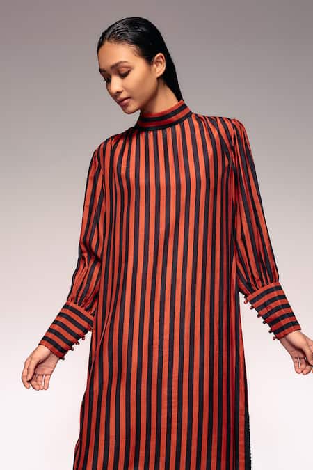 Shop Kritika Murarka Rust Viscose, Silk High Neck Vertical Stripe Midi Dress Online at Aza Fashions Shop_Kritika Murarka_Rust Viscose, Silk High Neck Vertical Stripe Midi Dress _Online_at_Aza_Fashions