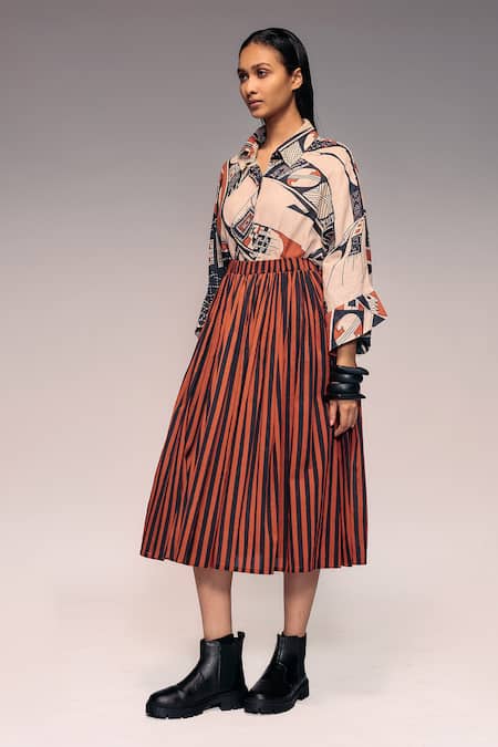 Kritika Murarka_Rust Cotton Striped Pleated Midi Skirt _Online_at_Aza_Fashions
