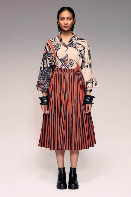 Buy_Kritika Murarka_Rust Cotton Striped Pleated Midi Skirt _Online_at_Aza_Fashions