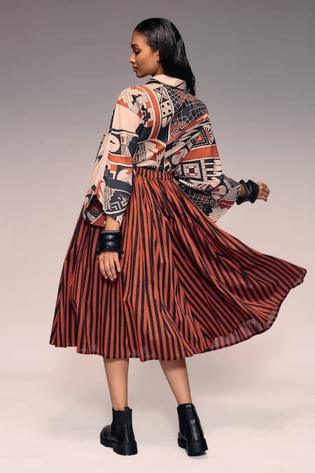 Shop_Kritika Murarka_Rust Cotton Striped Pleated Midi Skirt _Online_at_Aza_Fashions
