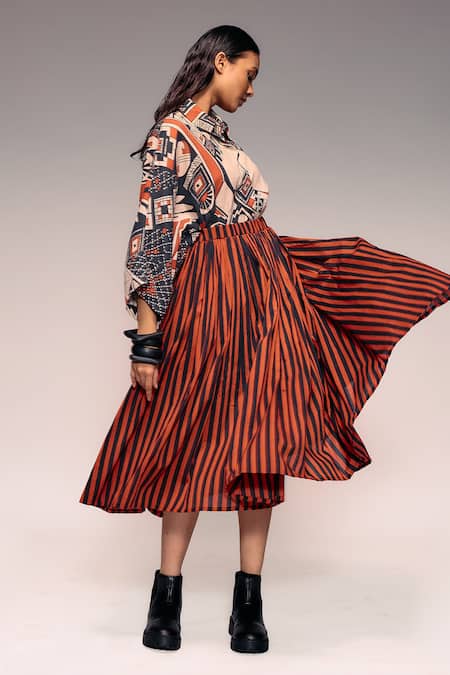 Kritika Murarka_Rust Cotton Striped Pleated Midi Skirt _at_Aza_Fashions