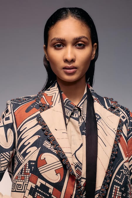 Kritika Murarka_Orange Cotton, Linen Embroidery V-neck Scallop Print Cord Stitch Jacket _Online_at_Aza_Fashions