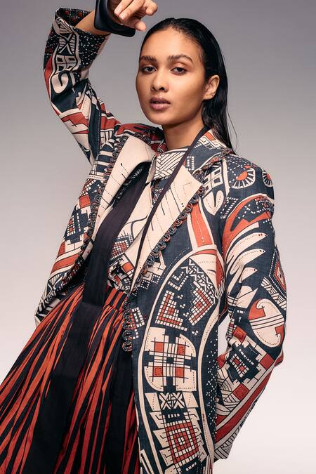Buy_Kritika Murarka_Orange Cotton, Linen Embroidery V-neck Scallop Print Cord Stitch Jacket _Online_at_Aza_Fashions