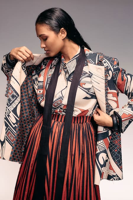 Shop_Kritika Murarka_Orange Cotton, Linen Embroidery V-neck Scallop Print Cord Stitch Jacket _Online_at_Aza_Fashions