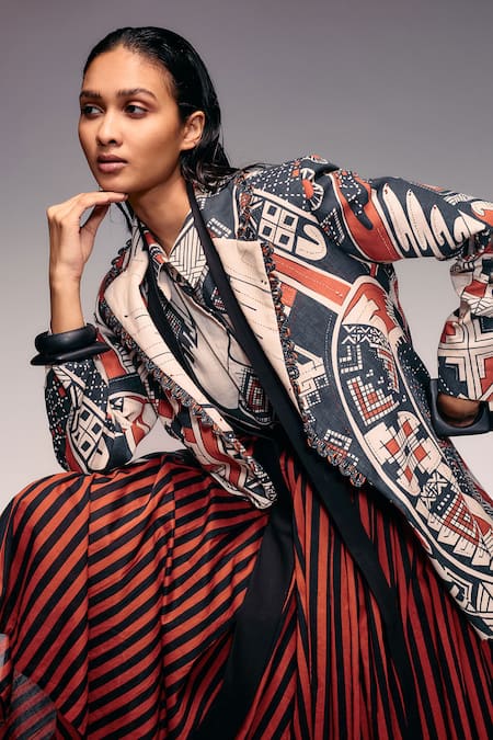 Kritika Murarka_Orange Cotton, Linen Embroidery V-neck Scallop Print Cord Stitch Jacket _at_Aza_Fashions