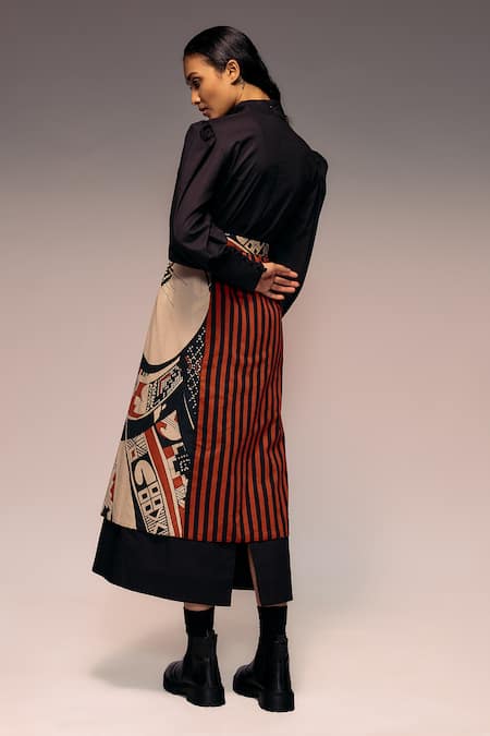 Kritika Murarka_Orange Cotton Satin Printed Overlap Midi Skirt _Online_at_Aza_Fashions