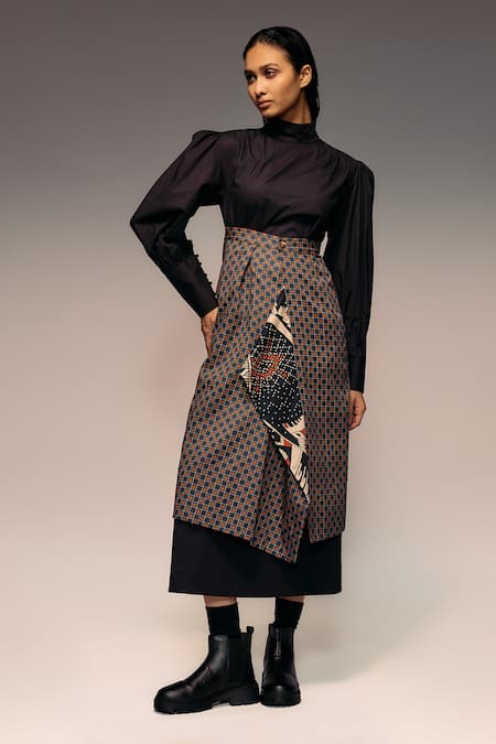 Buy_Kritika Murarka_Orange Cotton Satin Printed Overlap Midi Skirt _Online_at_Aza_Fashions