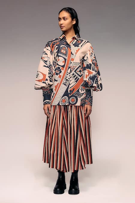 Kritika Murarka_Rust Cotton Collared Abstract Print Shirt  _Online_at_Aza_Fashions