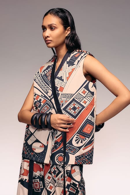 Buy_Kritika Murarka_Rust Cotton Embroidery V-neck Kantha Sleeveless Jacket _Online_at_Aza_Fashions