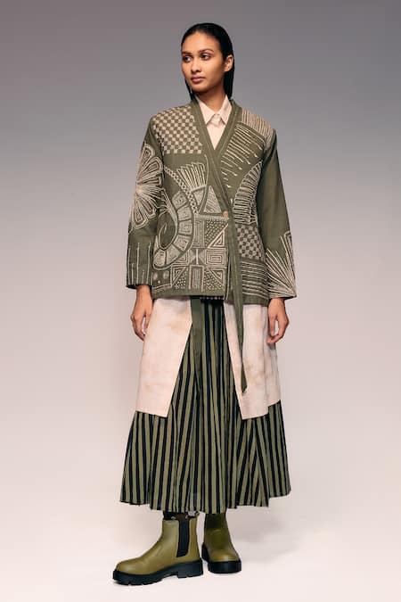 Kritika Murarka Khadi Kantha Embroidered Kimono Overlap Jacket 