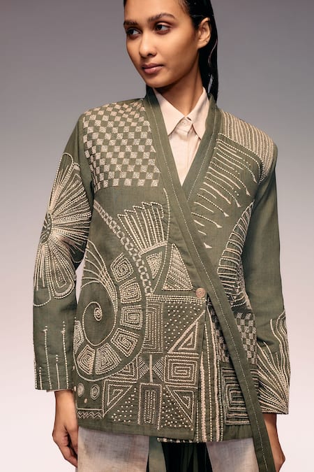 Kritika Murarka_Olive Green Handloom Cotton Embroidery Khadi Kantha Kimono Overlap Jacket _Online_at_Aza_Fashions