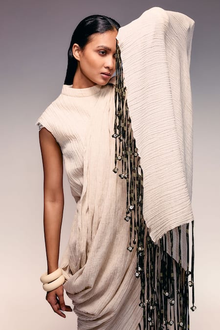Kritika Murarka_Ivory Cotton Tassels, Beads High Neck Crushed Scarf Maxi Dress _Online_at_Aza_Fashions