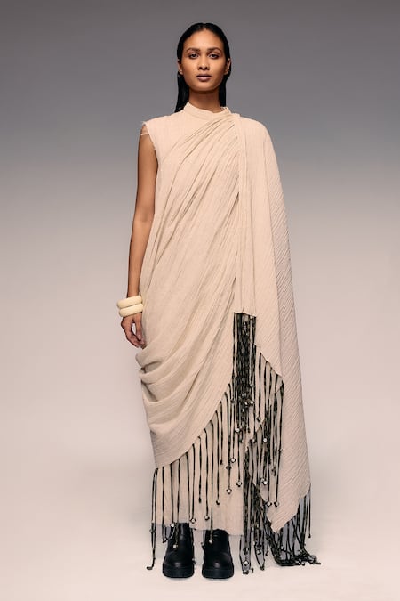 Buy_Kritika Murarka_Ivory Cotton Tassels, Beads High Neck Crushed Scarf Maxi Dress _Online_at_Aza_Fashions