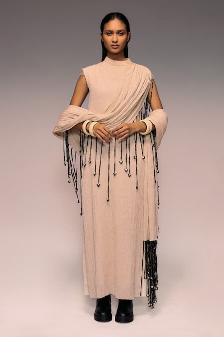 Shop_Kritika Murarka_Ivory Cotton Tassels, Beads High Neck Crushed Scarf Maxi Dress _Online_at_Aza_Fashions