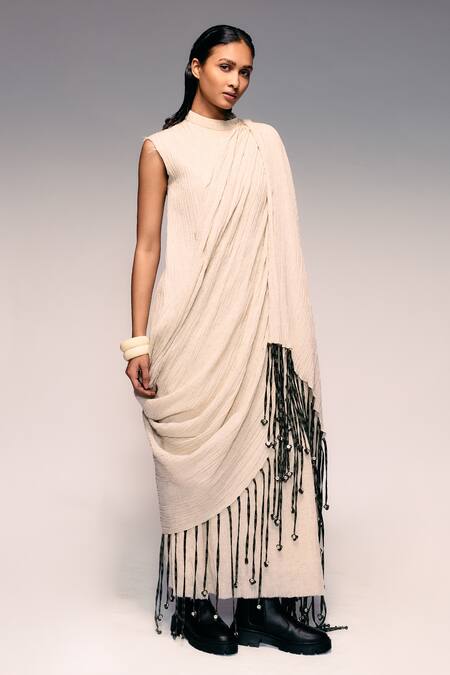 Kritika Murarka_Ivory Cotton Tassels, Beads High Neck Crushed Scarf Maxi Dress _at_Aza_Fashions