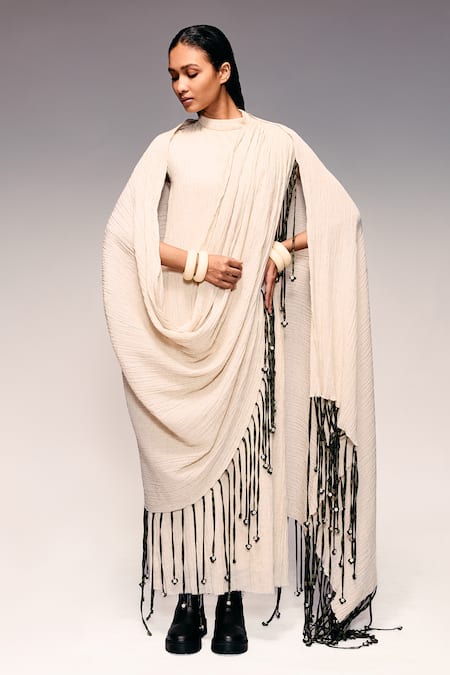 Shop_Kritika Murarka_Ivory Cotton Tassels, Beads High Neck Crushed Scarf Maxi Dress 