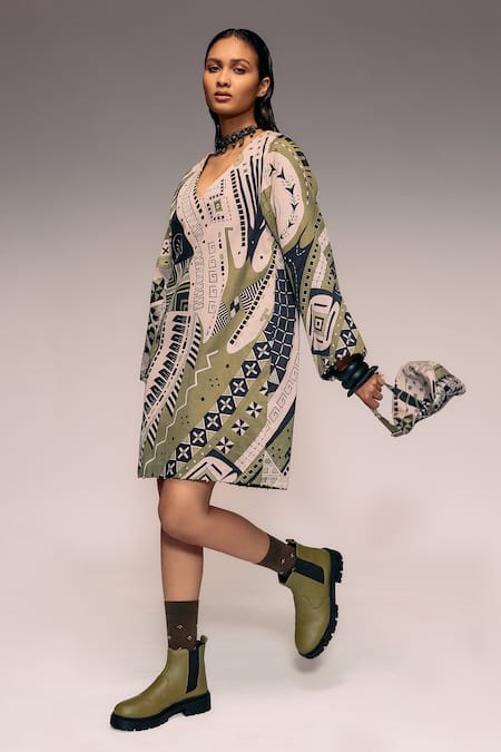Kritika Murarka_Olive Green Cotton Embroidery V-neck Printed Shift Dress  _Online_at_Aza_Fashions
