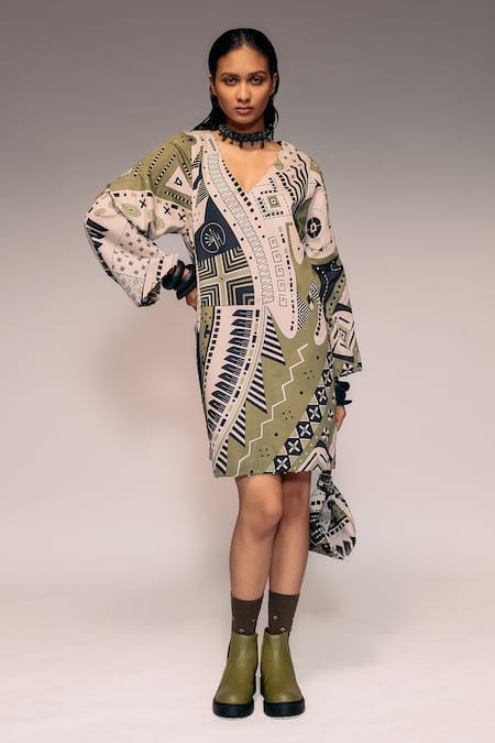 Buy_Kritika Murarka_Olive Green Cotton Embroidery V-neck Printed Shift Dress  _Online_at_Aza_Fashions