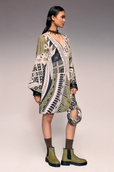 Shop_Kritika Murarka_Olive Green Cotton Embroidery V-neck Printed Shift Dress  _Online_at_Aza_Fashions