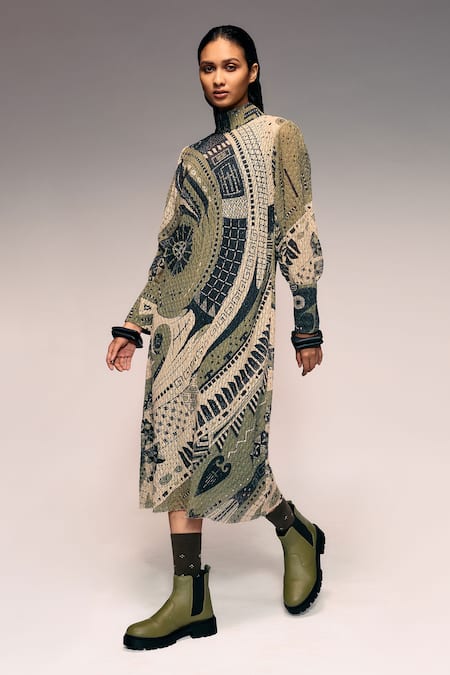 Kritika Murarka_Olive Green Cotton, Net High Neck Mata Ortiz Pottery Motif Print Midi Dress _Online_at_Aza_Fashions